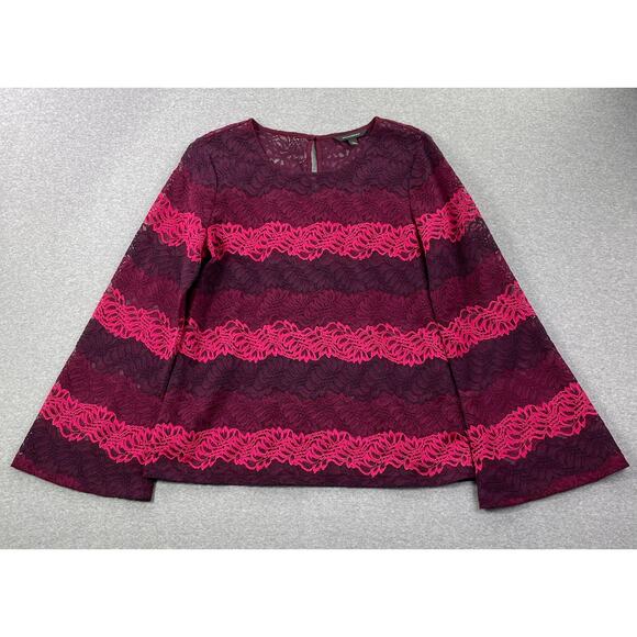 Banana Republic Top Womens L Pink Burgundy Ombre Lace Bell Sleeve Semi Sheer - Picture 10 of 12